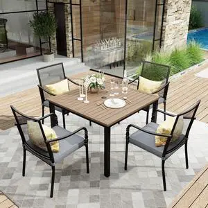 HERA'S HOUSE 5pc Patio Dining Set, 42" Square Table, 4 Mesh Chairs | Square Wood-look metal table, Cushioned gourd armrest chairs. Rust-resistant, all-weather for yard, porch HERA'S HOUSE 5pc Patio Dining Set, 42" Square Table, 4 Mesh Chairs | Square Wood-look metal table, Cushioned gourd armrest chairs. Rust-resistant, all-weather for yard, porch