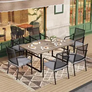 HERA'S HOUSE 7pc Patio Dining Set, Wood-Look Metal Table, 6 Mesh Chairs | 64" Rectangular table with umbrella hole, Cushioned gourd armrest chairs. Rust-resistant, all-weather for yard, porch HERA'S HOUSE 7pc Patio Dining Set, Wood-Look Metal Table, 6 Mesh Chairs | 64" Rectangular table with umbrella hole, Cushioned gourd armrest chairs. Rust-resistant, all-weather for yard, porch