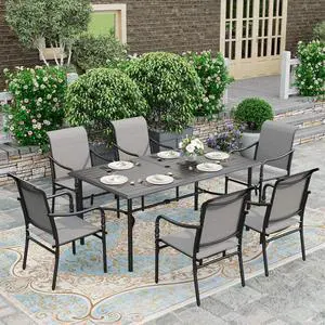 HERA'S HOUSE 7pc Patio Dining Set, 67" Metal Table, 6 Textilene Chairs | Rectangular table with umbrella hole. Gourd armrest chairs. Waterproof, rust-resistant, all-weather for backyard, porch HERA'S HOUSE 7pc Patio Dining Set, 67" Metal Table, 6 Textilene Chairs | Rectangular table with umbrella hole. Gourd armrest chairs. Waterproof, rust-resistant, all-weather for backyard, porch