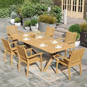 HERA'S HOUSE 7pc Patio Dining Set, Expandable Acacia Wood Table + 6 Chairs | Rectangular wooden table with umbrella hole, Fade-resistant, all-weather furniture for backyard, garden & poolside HERA'S HOUSE 7pc Patio Dining Set, Expandable Acacia Wood Table + 6 Chairs | Rectangular wooden table with umbrella hole, Fade-resistant, all-weather furniture for backyard, garden & poolside
