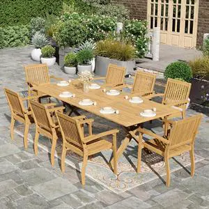HERA'S HOUSE 9pc Patio Dining Set, Expandable Acacia Wood Table + 8 Chairs | Rectangular wooden table with umbrella hole, Fade-resistant, all-weather furniture for backyard, garden & poolside HERA'S HOUSE 9pc Patio Dining Set, Expandable Acacia Wood Table + 8 Chairs | Rectangular wooden table with umbrella hole, Fade-resistant, all-weather furniture for backyard, garden & poolside