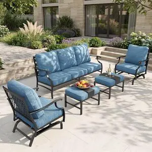 HERA'S HOUSE 5-Piece Metal Outdoor Conversation Set, 7 Seats | Pacific Blue Rocker + Ottoman, Single chairs could support up to 350lbs, Classic HERA'S HOUSE 5-Piece Metal Outdoor Conversation Set, 7 Seats | Pacific Blue Rocker + Ottoman, Single chairs could support up to 350lbs, Classic