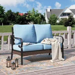 HERA'S HOUSE 2-Seater Outdoor Loveseat, Metal Frame, 5.75" Cushions | Black-blue, 900 lb capacity, waterproof and oil-proof fabric, high back, deep seating, E-coated and powder-coated HERA'S HOUSE 2-Seater Outdoor Loveseat, Metal Frame, 5.75" Cushions | Black-blue, 900 lb capacity, waterproof and oil-proof fabric, high back, deep seating, E-coated and powder-coated