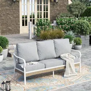 HERA'S HOUSE, 3-Seat Outdoor Patio Sofa, Metal Frame, Grey | Deep Seating, All-Weather, E-Coated and Powder-Coated Frame, 900 lb Capacity HERA'S HOUSE, 3-Seat Outdoor Patio Sofa, Metal Frame, Grey | Deep Seating, All-Weather, E-Coated and Powder-Coated Frame, 900 lb Capacity