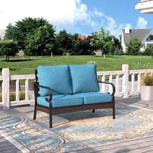 HERA'S HOUSE 2-Seater Outdoor Loveseat, Metal Frame, 5.75" Cushions | Black-navy blue, 900 lb capacity, waterproof and oil-proof fabric, high back, deep seating, E-coated and powder-coated HERA'S HOUSE 2-Seater Outdoor Loveseat, Metal Frame, 5.75" Cushions | Black-navy blue, 900 lb capacity, waterproof and oil-proof fabric, high back, deep seating, E-coated and powder-coated