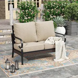 HERA'S HOUSE 2-Seater Outdoor Loveseat, Metal Frame, 5.75" Cushions | Black-beige, 900 lb capacity, waterproof and oil-proof fabric, high back, deep seating, E-coated and powder-coated HERA'S HOUSE 2-Seater Outdoor Loveseat, Metal Frame, 5.75" Cushions | Black-beige, 900 lb capacity, waterproof and oil-proof fabric, high back, deep seating, E-coated and powder-coated