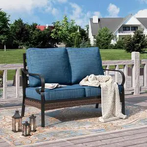 HERA'S HOUSE 2-Seater Outdoor Loveseat, Metal Frame, 5.75" Cushions | Black-peacock blue, 900 lb capacity, waterproof and oil-proof fabric, high back, deep seating, E-coated and powder-coated HERA'S HOUSE 2-Seater Outdoor Loveseat, Metal Frame, 5.75" Cushions | Black-peacock blue, 900 lb capacity, waterproof and oil-proof fabric, high back, deep seating, E-coated and powder-coated
