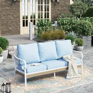 HERA'S HOUSE, 3-Seat Outdoor Patio Sofa, Metal Frame, 5.75" Cushions, Blue | High Back, Deep Seating, All-Weather, E-Coated and Powder-Coated Frame, 900 lb Capacity HERA'S HOUSE, 3-Seat Outdoor Patio Sofa, Metal Frame, 5.75" Cushions, Blue | High Back, Deep Seating, All-Weather, E-Coated and Powder-Coated Frame, 900 lb Capacity