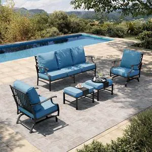HERA'S HOUSE 5-Piece Metal Outdoor Conversation Set, 7 Seats | Navy Blue Rocker + Ottoman, Rocking chair, Single chairs could support up to 350lbs HERA'S HOUSE 5-Piece Metal Outdoor Conversation Set, 7 Seats | Navy Blue Rocker + Ottoman, Rocking chair, Single chairs could support up to 350lbs