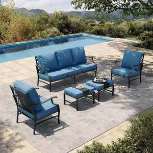 HERA'S HOUSE 5-Piece Metal Outdoor Conversation Set, 7 Seats | Pacific Blue Leg Chair + Ottoman, Single chairs could support up to 350lbs HERA'S HOUSE 5-Piece Metal Outdoor Conversation Set, 7 Seats | Pacific Blue Leg Chair + Ottoman, Single chairs could support up to 350lbs