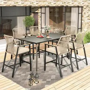 HERA'S HOUSE 7 Pieces Patio Furniture, Outdoor Wicker Bar Stools Set, Counter Height Bar Set with Rattan Backrest, All-Weather 67 High Top Table and 6 Chairs for Backyard, Balcony HERA'S HOUSE 7 Pieces Patio Furniture, Outdoor Wicker Bar Stools Set, Counter Height Bar Set with Rattan Backrest, All-Weather 67 High Top Table and 6 Chairs for Backyard, Balcony