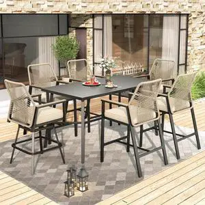 HERA'S HOUSE 7 Pieces Patio Furniture, Outdoor Wicker Bar Stools Set for 6, 4 High Top Chairs, 2 Swivel Bar Chairs, 1 All-Weather 67 Counter Height Table for Backyard, Balcony HERA'S HOUSE 7 Pieces Patio Furniture, Outdoor Wicker Bar Stools Set for 6, 4 High Top Chairs, 2 Swivel Bar Chairs, 1 All-Weather 67 Counter Height Table for Backyard, Balcony