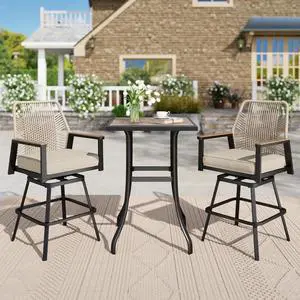 HERA'S HOUSE Patio Swivel Bar Stools, Outdoor High Top Table and Chairs Set of 2, 3 Piece Bar Height Patio Bistro Set with Cushioned Rattan Wicker Chairs for Backyard Balcony Pool Poolside HERA'S HOUSE Patio Swivel Bar Stools, Outdoor High Top Table and Chairs Set of 2, 3 Piece Bar Height Patio Bistro Set with Cushioned Rattan Wicker Chairs for Backyard Balcony Pool Poolside