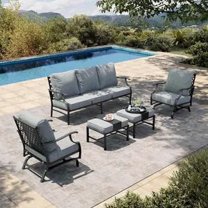 HERA'S HOUSE 5-Piece Metal Wrought Iron Outdoor Conversation Set, 7 Seats | Gray Rocker + Ottoman, Single chairs could support up to 350lbs HERA'S HOUSE 5-Piece Metal Wrought Iron Outdoor Conversation Set, 7 Seats | Gray Rocker + Ottoman, Single chairs could support up to 350lbs