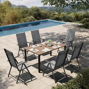 HERA'S HOUSE 7-Piece Outdoor Dining Set for 6, 60" Weather-Resistant Metal Patio Table with 6 Foldable Grey Chairs, Perfect for Garden, Backyard, Porch & Lawn (Space-Saving Design) HERA'S HOUSE 7-Piece Outdoor Dining Set for 6, 60" Weather-Resistant Metal Patio Table with 6 Foldable Grey Chairs, Perfect for Garden, Backyard, Porch & Lawn (Space-Saving Design)