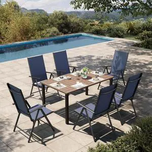 HERA'S HOUSE 7-Piece Outdoor Dining Set for 6, 60" Weather-Resistant Metal Patio Table with 6 Foldable Blue Chairs, Perfect for Garden, Backyard, Porch & Lawn (Space-Saving Design) HERA'S HOUSE 7-Piece Outdoor Dining Set for 6, 60" Weather-Resistant Metal Patio Table with 6 Foldable Blue Chairs, Perfect for Garden, Backyard, Porch & Lawn (Space-Saving Design)