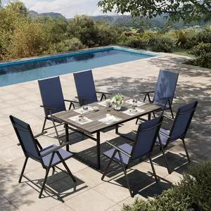 HERA'S HOUSE 7-Piece Outdoor Dining Set for 6, 64" Weather-Resistant Metal Patio Table with 6 Foldable Blue Chairs, Perfect for Garden, Backyard, Porch & Lawn (Space-Saving Design) HERA'S HOUSE 7-Piece Outdoor Dining Set for 6, 64" Weather-Resistant Metal Patio Table with 6 Foldable Blue Chairs, Perfect for Garden, Backyard, Porch & Lawn (Space-Saving Design)