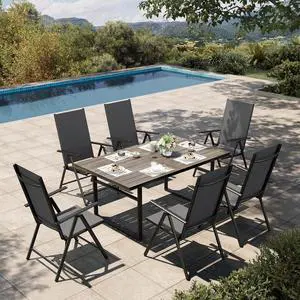 HERA'S HOUSE 7-Piece Outdoor Dining Set for 6, 64" Weather-Resistant Metal Patio Table with 6 Foldable Black Chairs, Perfect for Garden, Backyard, Porch & Lawn (Space-Saving Design) HERA'S HOUSE 7-Piece Outdoor Dining Set for 6, 64" Weather-Resistant Metal Patio Table with 6 Foldable Black Chairs, Perfect for Garden, Backyard, Porch & Lawn (Space-Saving Design)