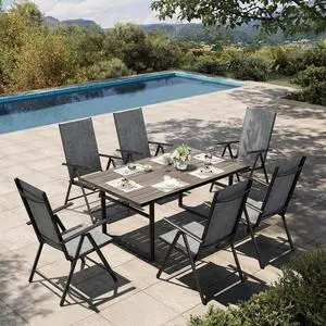 HERA'S HOUSE 7-Piece Outdoor Dining Set for 6, 64" Weather-Resistant Metal Patio Table with 6 Foldable Grey Chairs, Perfect for Garden, Backyard, Porch & Lawn (Space-Saving Design) HERA'S HOUSE 7-Piece Outdoor Dining Set for 6, 64" Weather-Resistant Metal Patio Table with 6 Foldable Grey Chairs, Perfect for Garden, Backyard, Porch & Lawn (Space-Saving Design)