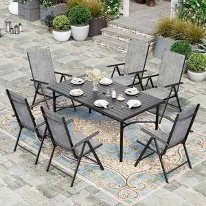 HERA'S HOUSE 7-Piece Outdoor Dining Set for 6, 67" Weather-Resistant Metal Patio Table with 6 Foldable Grey Chairs, Perfect for Garden, Backyard, Porch & Lawn (Space-Saving Design) HERA'S HOUSE 7-Piece Outdoor Dining Set for 6, 67" Weather-Resistant Metal Patio Table with 6 Foldable Grey Chairs, Perfect for Garden, Backyard, Porch & Lawn (Space-Saving Design)