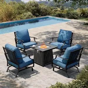 HERA'S HOUSE 5 PCS Patio Furniture Set with Fire Pit Table, 000 BTU | 4 Seats Size, Pacific Blue Rocking Chair Color, Contemporary Style, 28, ROCKING 27 HERA'S HOUSE 5 PCS Patio Furniture Set with Fire Pit Table, 000 BTU | 4 Seats Size, Pacific Blue Rocking Chair Color, Contemporary Style, 28, ROCKING 27