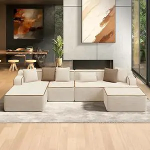 HERA'S HOUSE 134" U Shaped Sectional Boneless Couch with Ottoman | Large Living Room Cloud Couch, Corduroy Modular Sofa with Wide Armrest and 6 Pillows, No Assembly, Beige HERA'S HOUSE 134" U Shaped Sectional Boneless Couch with Ottoman | Large Living Room Cloud Couch, Corduroy Modular Sofa with Wide Armrest and 6 Pillows, No Assembly, Beige
