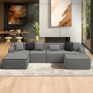 HERA'S HOUSE 134" U Shaped Sectional Boneless Couch with Ottoman | Large Living Room Cloud Couch, Corduroy Modular Sofa with Wide Armrest and 6 Pillows, No Assembly, Grey HERA'S HOUSE 134" U Shaped Sectional Boneless Couch with Ottoman | Large Living Room Cloud Couch, Corduroy Modular Sofa with Wide Armrest and 6 Pillows, No Assembly, Grey