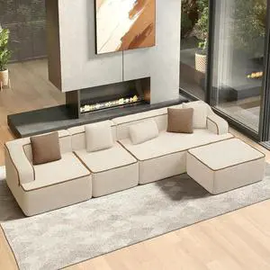 HERA'S HOUSE 134" L Shaped Sectional Boneless Couch with Ottoman | Large Living Room Cloud Couch, Corduroy Modular Sofa with Wide Armrest and 5 Pillows, No Assembly, Beige HERA'S HOUSE 134" L Shaped Sectional Boneless Couch with Ottoman | Large Living Room Cloud Couch, Corduroy Modular Sofa with Wide Armrest and 5 Pillows, No Assembly, Beige
