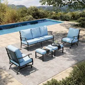 HERA'S HOUSE 5-Piece Metal Wrought Iron Outdoor Conversation Set, 7 Seats | Blue Rocker + Ottoman, Single chairs could support up to 350lbs HERA'S HOUSE 5-Piece Metal Wrought Iron Outdoor Conversation Set, 7 Seats | Blue Rocker + Ottoman, Single chairs could support up to 350lbs
