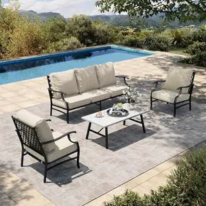 HERA'S HOUSE 4-Piece Metal Outdoor Conversation Set, 5 Seats | Beige Leg Chair, Coffee Table, Single chairs could support up to 350lbs HERA'S HOUSE 4-Piece Metal Outdoor Conversation Set, 5 Seats | Beige Leg Chair, Coffee Table, Single chairs could support up to 350lbs