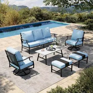 HERA'S HOUSE 6-Piece Wrought Iron Outdoor Conversation Set, 7 Seats | Blue Swivel Chair + Ottoman, Coffee Table, Single chairs could support up to 350lbs HERA'S HOUSE 6-Piece Wrought Iron Outdoor Conversation Set, 7 Seats | Blue Swivel Chair + Ottoman, Coffee Table, Single chairs could support up to 350lbs