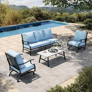 HERA'S HOUSE 4-Piece Metal Outdoor Conversation Set, 5 Seats, Blue Rocker | Coffee Table, Single chairs could support up to 350lbs HERA'S HOUSE 4-Piece Metal Outdoor Conversation Set, 5 Seats, Blue Rocker | Coffee Table, Single chairs could support up to 350lbs