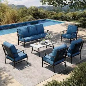 HERA'S HOUSE 6-Piece Metal Outdoor Conversation Set, 7 Seats | Pacific Blue Leg Chair, Coffee Table, Single chairs could support up to 350lbs HERA'S HOUSE 6-Piece Metal Outdoor Conversation Set, 7 Seats | Pacific Blue Leg Chair, Coffee Table, Single chairs could support up to 350lbs