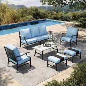 HERA'S HOUSE 6-Piece Metal Outdoor Conversation Set, 7 Seats | Blue Leg Chair + Ottoman, Coffee Table, Single chairs could support up to 350lbs HERA'S HOUSE 6-Piece Metal Outdoor Conversation Set, 7 Seats | Blue Leg Chair + Ottoman, Coffee Table, Single chairs could support up to 350lbs