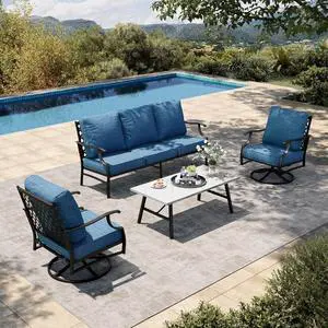 HERA'S HOUSE 4-Piece Metal Wrought Iron Outdoor Conversation Set, 5 Seats | Pacific Blue Swivel Chair, Coffee Table, Single chairs could support up to 350lbs HERA'S HOUSE 4-Piece Metal Wrought Iron Outdoor Conversation Set, 5 Seats | Pacific Blue Swivel Chair, Coffee Table, Single chairs could support up to 350lbs