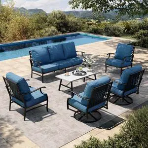 HERA'S HOUSE 6-Piece Metal Wrought Iron Outdoor Conversation Set, 7 Seats | Pacific Blue Leg Chair + Swivel Chair, Coffee Table, Single chairs could support up to 350lbs HERA'S HOUSE 6-Piece Metal Wrought Iron Outdoor Conversation Set, 7 Seats | Pacific Blue Leg Chair + Swivel Chair, Coffee Table, Single chairs could support up to 350lbs