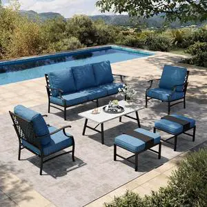 HERA'S HOUSE 6 Piece Patio Furniture Set, 2 x Metal Cushioned Chair, 2 x Cushioned Ottoman, 1 x 3-Seat Sofa with Marbling Coffee Table, Outdoor Conversation Set for Lawn Garden Backyard, Pacific Blue HERA'S HOUSE 6 Piece Patio Furniture Set, 2 x Metal Cushioned Chair, 2 x Cushioned Ottoman, 1 x 3-Seat Sofa with Marbling Coffee Table, Outdoor Conversation Set for Lawn Garden Backyard, Pacific Blue