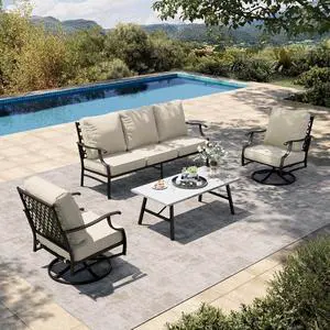 HERA'S HOUSE 4-Piece Metal Wrought Iron Outdoor Conversation Set, 5 Seats | Beige Swivel Chair, Coffee Table, Single chairs could support up to 350lbs HERA'S HOUSE 4-Piece Metal Wrought Iron Outdoor Conversation Set, 5 Seats | Beige Swivel Chair, Coffee Table, Single chairs could support up to 350lbs