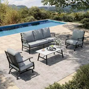 HERA'S HOUSE 4-Piece Metal Outdoor Conversation Set, 5 Seats, Gray Rocker | Coffee Table, Single chairs could support up to 350lbs HERA'S HOUSE 4-Piece Metal Outdoor Conversation Set, 5 Seats, Gray Rocker | Coffee Table, Single chairs could support up to 350lbs