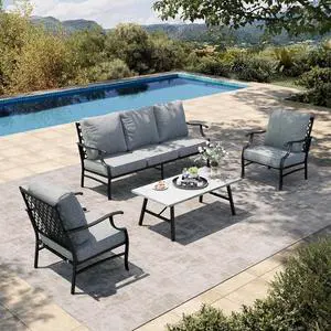 HERA'S HOUSE 4-Piece Metal Outdoor Conversation Set, 5 Seats | Gray Leg Chair, Coffee Table, Single chairs could support up to 350lbs HERA'S HOUSE 4-Piece Metal Outdoor Conversation Set, 5 Seats | Gray Leg Chair, Coffee Table, Single chairs could support up to 350lbs