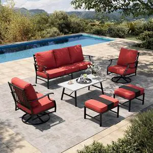 HERA'S HOUSE 6-Piece Wrought Iron Outdoor Conversation Set, 7 Seats | Red Swivel Chair + Ottoman, Coffee Table, Single chairs could support up to 350lbs HERA'S HOUSE 6-Piece Wrought Iron Outdoor Conversation Set, 7 Seats | Red Swivel Chair + Ottoman, Coffee Table, Single chairs could support up to 350lbs