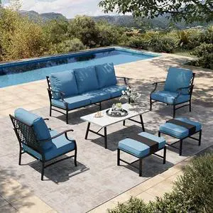 HERA'S HOUSE 6 Piece Patio Furniture Set, 2 x Metal Cushioned Chair, 2 x Cushioned Ottoman, 1 x 3-Seat Sofa with Marbling Coffee Table, Outdoor Conversation Set for Lawn Garden Backyard, Navy Blue HERA'S HOUSE 6 Piece Patio Furniture Set, 2 x Metal Cushioned Chair, 2 x Cushioned Ottoman, 1 x 3-Seat Sofa with Marbling Coffee Table, Outdoor Conversation Set for Lawn Garden Backyard, Navy Blue