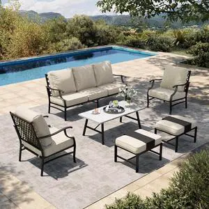 HERA'S HOUSE 6-Piece Metal Outdoor Conversation Set, 7 Seats | Beige Leg Chair + Ottoman, Coffee Table, Single chairs could support up to 350lbs HERA'S HOUSE 6-Piece Metal Outdoor Conversation Set, 7 Seats | Beige Leg Chair + Ottoman, Coffee Table, Single chairs could support up to 350lbs
