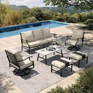 HERA'S HOUSE 6-Piece Wrought Iron Outdoor Conversation Set, 7 Seats | Beige Swivel Chair + Ottoman, Coffee Table, Single chairs could support up to 350lbs HERA'S HOUSE 6-Piece Wrought Iron Outdoor Conversation Set, 7 Seats | Beige Swivel Chair + Ottoman, Coffee Table, Single chairs could support up to 350lbs