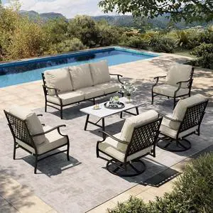 HERA'S HOUSE 6-Piece Metal Wrought Iron Outdoor Conversation Set, 7 Seats | Beige Leg Chair + Swivel Chair, Coffee Table, Single chairs could support up to 350lbs HERA'S HOUSE 6-Piece Metal Wrought Iron Outdoor Conversation Set, 7 Seats | Beige Leg Chair + Swivel Chair, Coffee Table, Single chairs could support up to 350lbs
