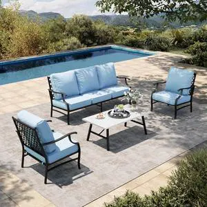 HERA'S HOUSE 4-Piece Metal Outdoor Conversation Set, 5 Seats | Blue Leg Chair, Coffee Table, Single chairs could support up to 350lbs HERA'S HOUSE 4-Piece Metal Outdoor Conversation Set, 5 Seats | Blue Leg Chair, Coffee Table, Single chairs could support up to 350lbs