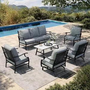 HERA'S HOUSE 6-Piece Metal Wrought Iron Outdoor Conversation Set, 7 Seats | Gray Leg Chair + Rocker, Coffee Table, Single chairs could support up to 350lbs HERA'S HOUSE 6-Piece Metal Wrought Iron Outdoor Conversation Set, 7 Seats | Gray Leg Chair + Rocker, Coffee Table, Single chairs could support up to 350lbs