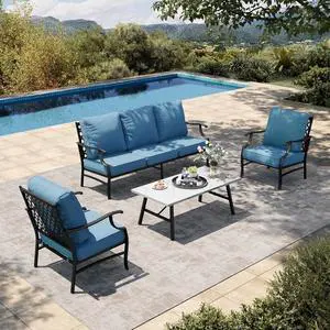 HERA'S HOUSE 4-Piece Metal Outdoor Conversation Set, 5 Seats | Navy Blue Leg Chair, Coffee Table, Single chairs could support up to 350lbs HERA'S HOUSE 4-Piece Metal Outdoor Conversation Set, 5 Seats | Navy Blue Leg Chair, Coffee Table, Single chairs could support up to 350lbs