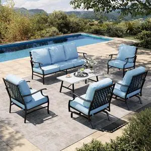 HERA'S HOUSE 6-Piece Metal Wrought Iron Outdoor Conversation Set, 7 Seats | Blue Leg Chair + Rocker, Coffee Table, Single chairs could support up to 350lbs HERA'S HOUSE 6-Piece Metal Wrought Iron Outdoor Conversation Set, 7 Seats | Blue Leg Chair + Rocker, Coffee Table, Single chairs could support up to 350lbs