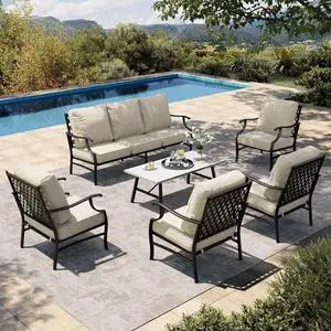 HERA'S HOUSE 6-Piece Metal Outdoor Conversation Set, 7 Seats | Beige Leg Chair, Coffee Table, Single chairs could support up to 350lbs HERA'S HOUSE 6-Piece Metal Outdoor Conversation Set, 7 Seats | Beige Leg Chair, Coffee Table, Single chairs could support up to 350lbs